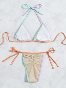 Bikini De Triángulo Halter Con Ribete En Contraste - Multicolor - Ver 5