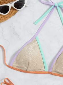 Bikini De Triángulo Halter Con Ribete En Contraste - Multicolor - Ver 3