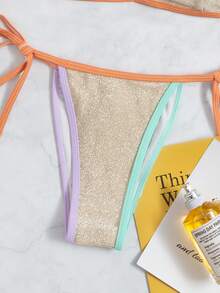 Bikini De Triángulo Halter Con Ribete En Contraste - Multicolor - Ver 4