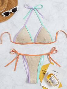 Bikini De Triángulo Halter Con Ribete En Contraste - Multicolor - Ver 6