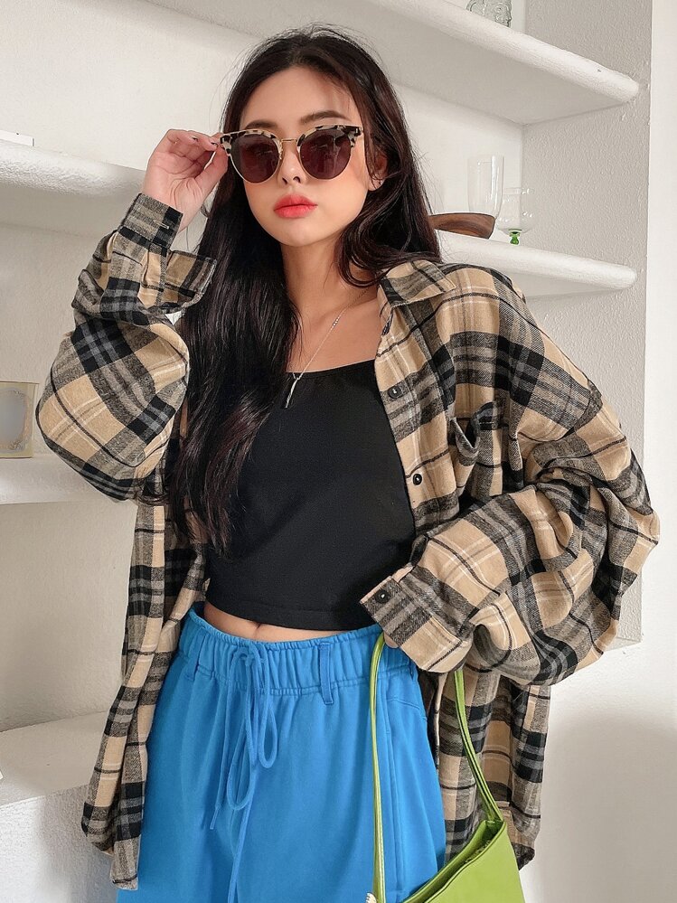 DAZY Plaid Print Drop Shoulder Shirt - Multicolor - View 1