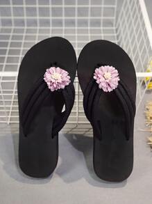 3cm Floral Decor Flat Women Slippers - Purple - View 3