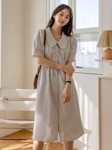 DAZY Đầm Uốn nếp Nút phía trước Sọc ca rô Dễ thương - Màu be - Xem 1