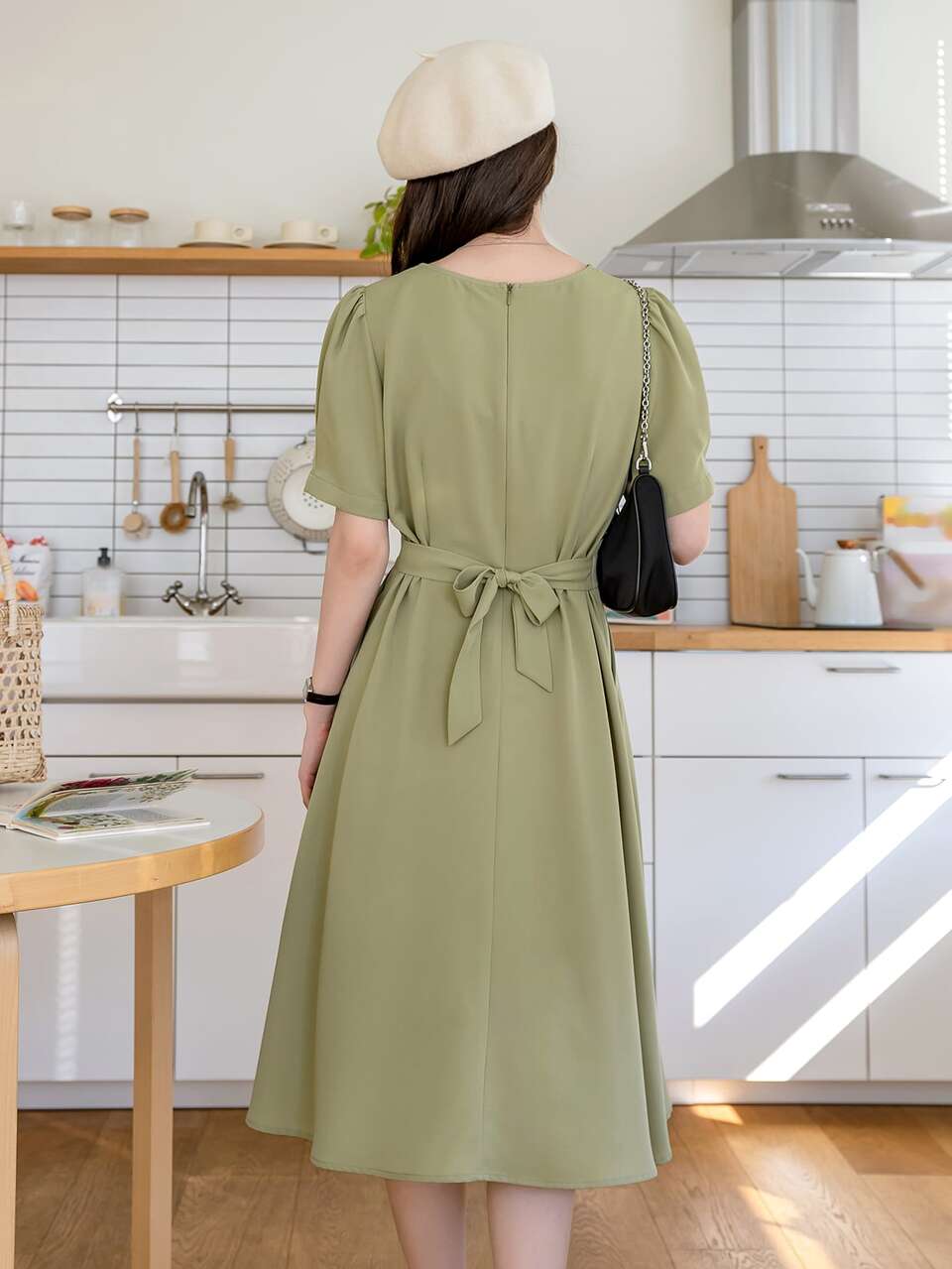 Puff Sleeve Fake Button Tie Back Slant Pockets Dress