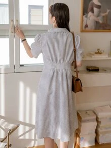 DAZY Đầm Uốn nếp Nút phía trước Sọc ca rô Dễ thương - Màu be - Xem 2