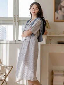 DAZY Đầm Uốn nếp Nút phía trước Sọc ca rô Dễ thương - Màu be - Xem 3