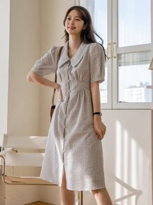 DAZY Đầm Uốn nếp Nút phía trước Sọc ca rô Dễ thương - Màu be - Xem 6