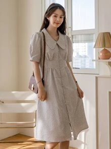 DAZY Đầm Uốn nếp Nút phía trước Sọc ca rô Dễ thương - Màu be - Xem 7
