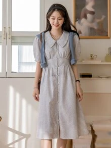 DAZY Đầm Uốn nếp Nút phía trước Sọc ca rô Dễ thương - Màu be - Xem 8