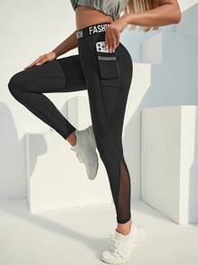 Yoga High Street Letter Pattern Tape Mesh Panel Sports Leggings With Phone Pocket - Black - View 1