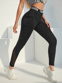 Yoga High Street Letter Pattern Tape Mesh Panel Sports Leggings With Phone Pocket - Black - View 3