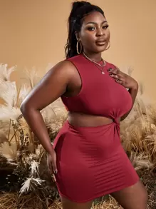 SHEIN SXY 大碼素色腰部鏤空緊身洋裝 - 乾枯玫瑰色 - 查看 1