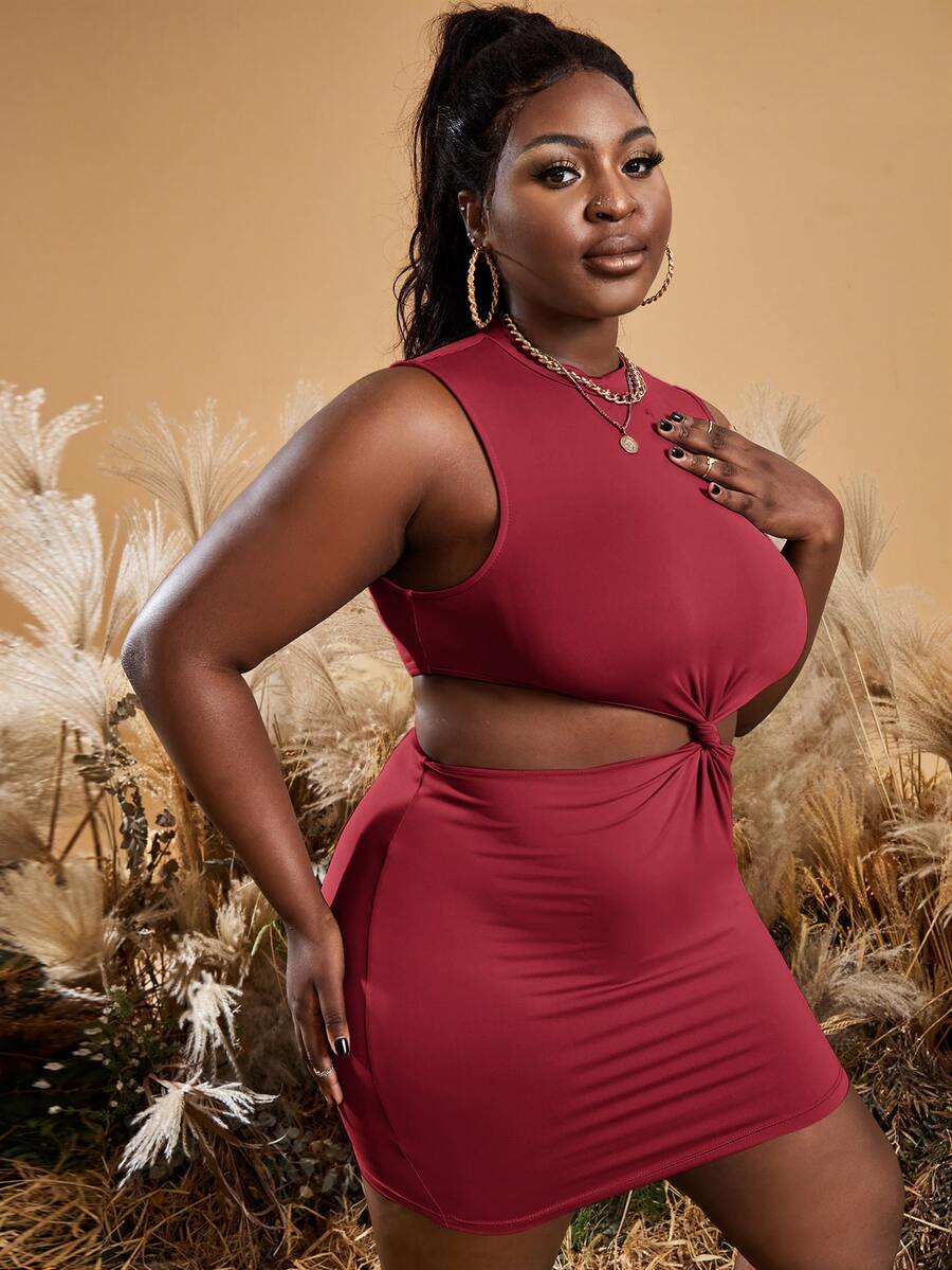 SHEIN SXY 大碼素色腰部鏤空緊身洋裝 - 乾枯玫瑰色 - 查看 1