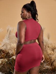 SHEIN SXY 大碼素色腰部鏤空緊身洋裝 - 乾枯玫瑰色 - 查看 2