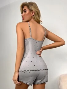 Lace Trim Polka Dot Cami Pyjama Set - Light Grey - View 2