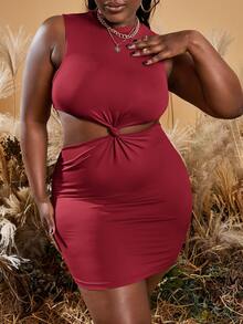 SHEIN SXY 大碼素色腰部鏤空緊身洋裝 - 乾枯玫瑰色 - 查看 4