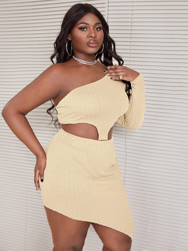 SHEIN SXY Plus One Shoulder Asymmetrical Hem Textured Knit Top & Split Skirt - Apricot - View 5