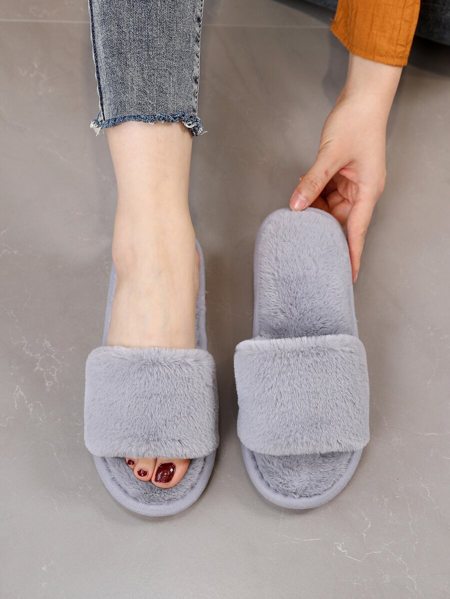 Fall/Winter Women's Grey Fashionable Solid Color Bedroom Slippers, Minimalist Fuzzy Indoor Slipper,Fluffy Slippers