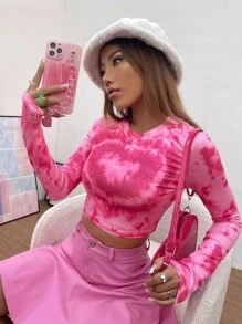 SHEIN ICON 紮染和愛心圖案短款T恤 - 粉色 - 查看 4