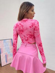 SHEIN ICON 紮染和愛心圖案短款T恤 - 粉色 - 查看 2