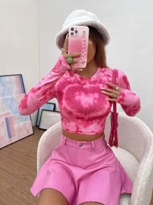 SHEIN ICON 紮染和愛心圖案短款T恤 - 粉色 - 查看 1