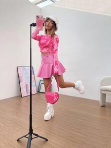 SHEIN ICON 紮染和愛心圖案短款T恤 - 粉色 - 查看 5