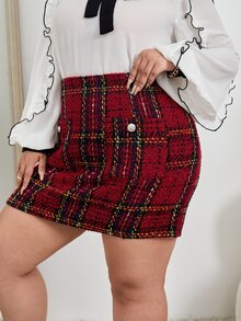 Plus Plaid Pattern Patched Pocket Tweed Skirt - Multicolor - View 4