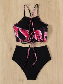 Tropical Print Halter High Waisted Bikini Set, For Summer Beach Vacation - Multicolor - View 2