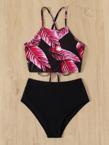 Tropical Print Halter High Waisted Bikini Set, For Summer Beach Vacation - Multicolor - View 3