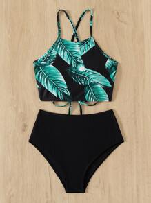 Bikini con estampado tropical y cordón, para vacaciones de verano en la playa - Multicolor - Ver 3