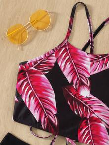 Tropical Print Halter High Waisted Bikini Set, For Summer Beach Vacation - Multicolor - View 4