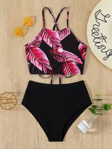 Tropical Print Halter High Waisted Bikini Set, For Summer Beach Vacation - Multicolor - View 5
