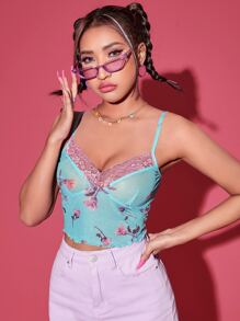 Floral Print Contrast Lace Mesh Cami Top