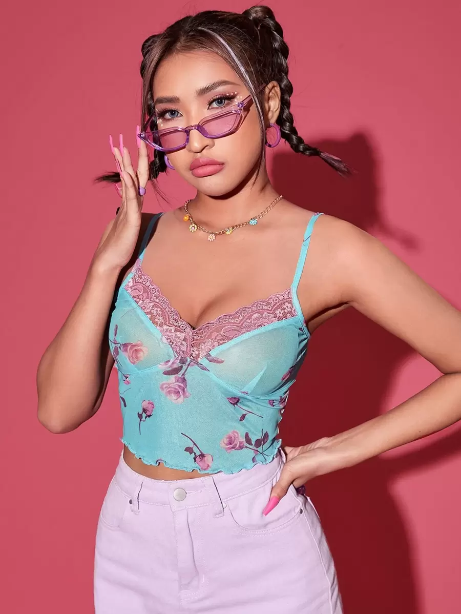 Floral Print Contrast Lace Mesh Cami Top