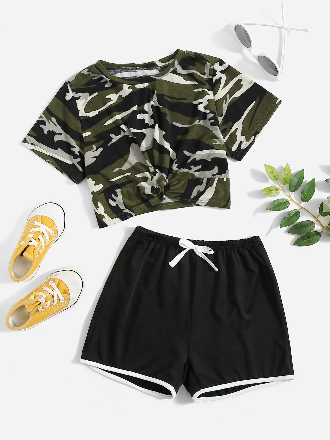 Girls Camo Print Twist Tee Tie Front Shorts Shein Usa