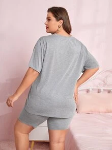 SHEIN 大碼豹紋愛心印花T恤和騎行褲睡衣套裝 - 灰色 - 查看 2
