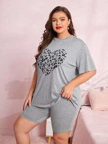 SHEIN 大碼豹紋愛心印花T恤和騎行褲睡衣套裝 - 灰色 - 查看 3