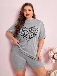 SHEIN 大碼豹紋愛心印花T恤和騎行褲睡衣套裝 - 灰色 - 查看 4