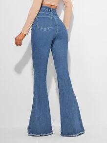 SHEIN Frenchy Raw Hem Flare Leg Jeans Casual - Medium Wash - View 2