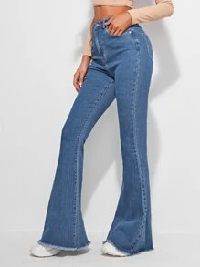 SHEIN Frenchy Raw Hem Flare Leg Jeans Casual - Medium Wash - View 4