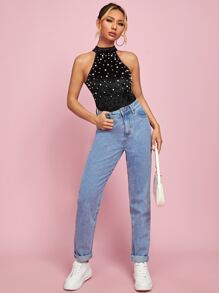 SHEIN Áo liền quần ôm nữ cườm đính Ngọc trai màu trơn Hấp dẫn - màu đen - Xem 3