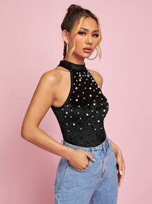 SHEIN Áo liền quần ôm nữ cườm đính Ngọc trai màu trơn Hấp dẫn - màu đen - Xem 4