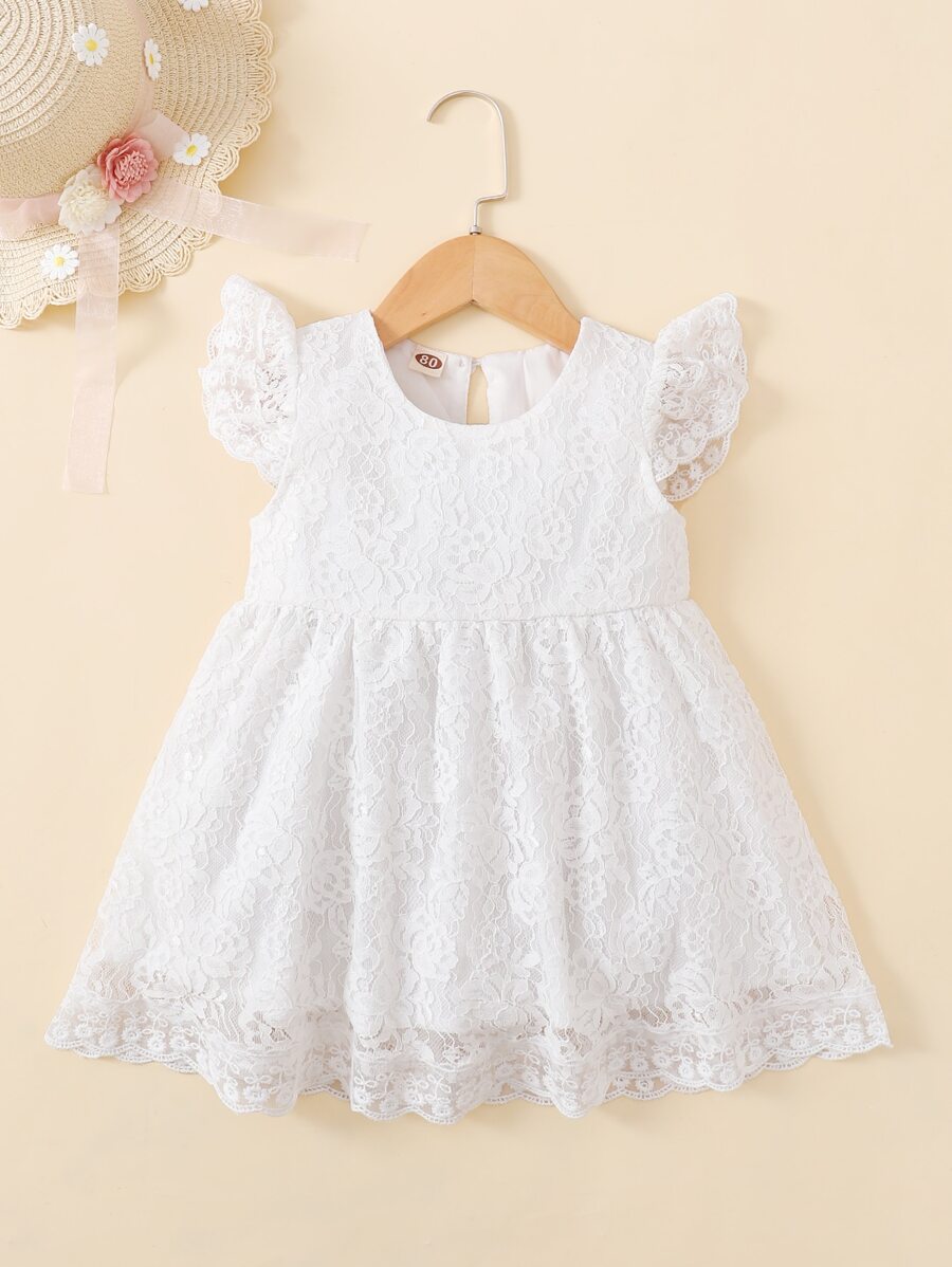 Bebé Vestido smock con encaje sisa con fruncido - Blanco - Ver 1