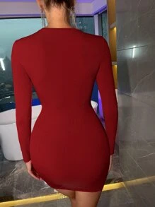 SHEIN BAE 素色前挖空緊身洋裝 - 酒紅色 - 查看 2