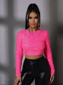 SHEIN SXY Zip Back Glitter Crop Top - Hot Pink - View 1