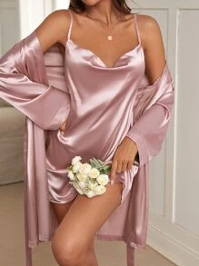 垂領緞面吊帶洋裝和附腰帶睡袍睡衣套裝 - 藕粉色 - 查看 1