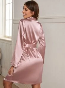 垂領緞面吊帶洋裝和附腰帶睡袍睡衣套裝 - 藕粉色 - 查看 2