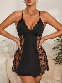 Contrast Lace Criss Cross Backless Cami Sleep Dress - Black - View 2