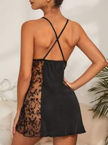 Contrast Lace Criss Cross Backless Cami Sleep Dress - Black - View 3
