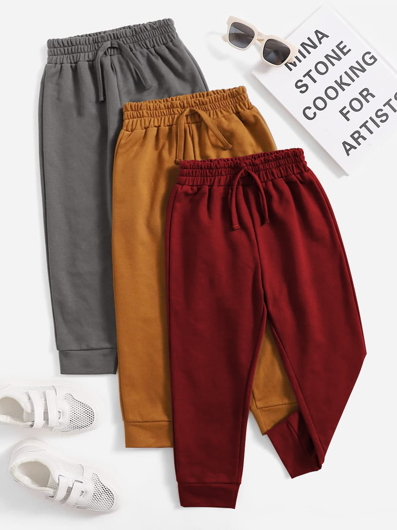 SHEIN 青少年男孩3入組實色打結飾帶運動長褲 - 彩色 - 查看 1